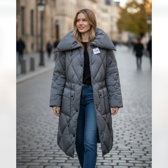 NWT DKNY Pillow Collar Diamond Quilt Long Puffer jacket with oversized - Picture 1 of 14